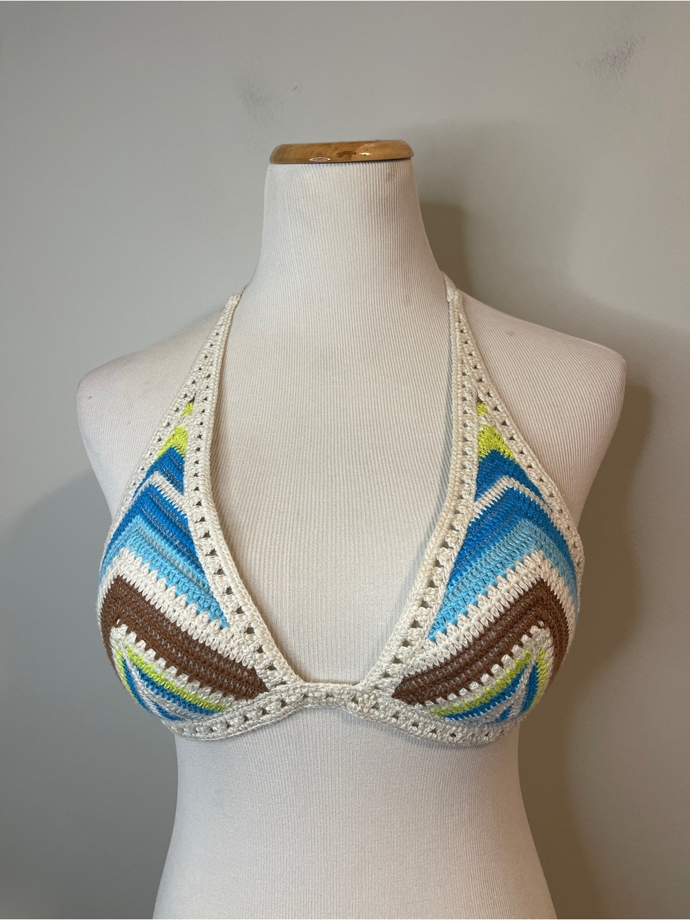 aerie Crochet Halter Bikini Top in Blue, Brown, White & Lime